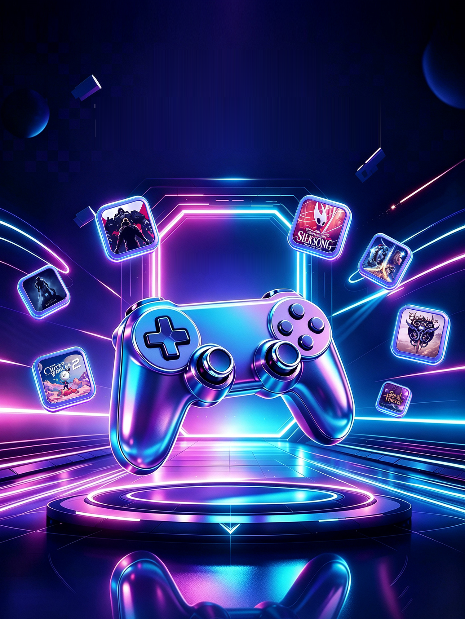 Neon game controller and featured games